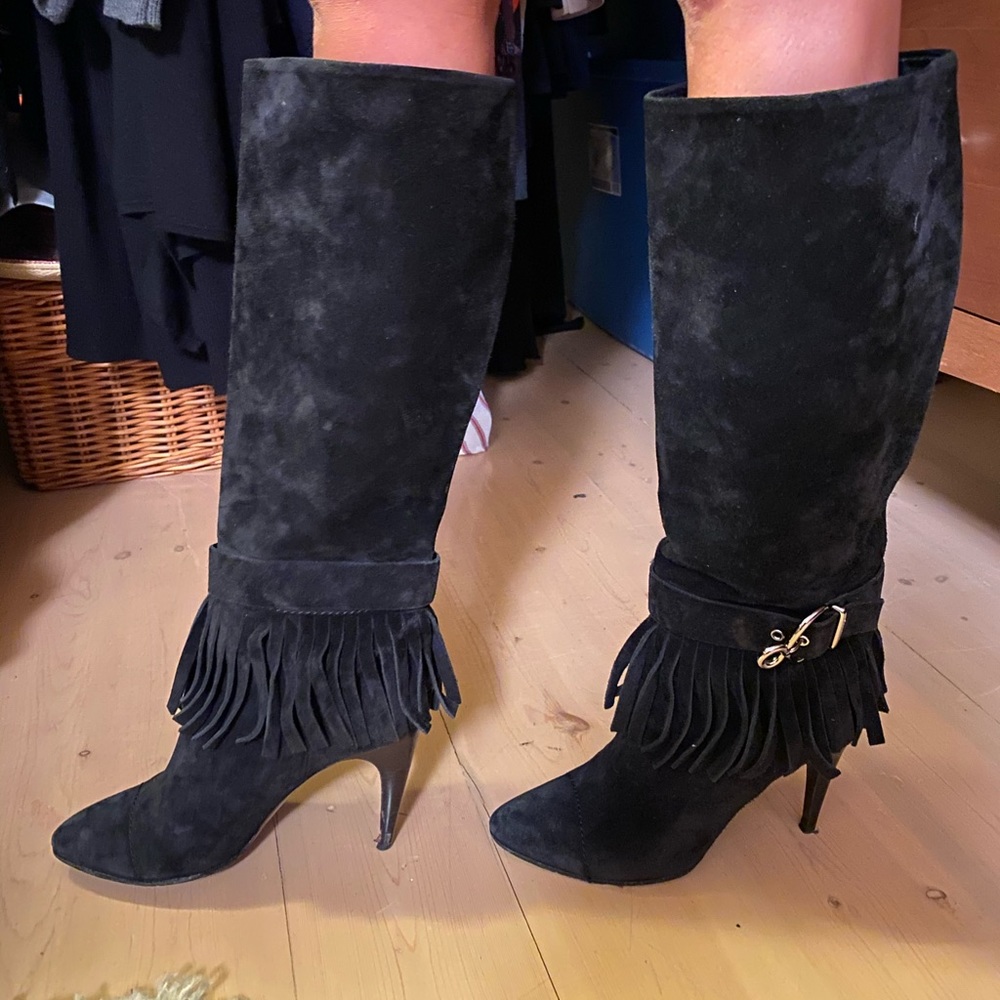 Louis Vuitton black suede fringe knee high boots
